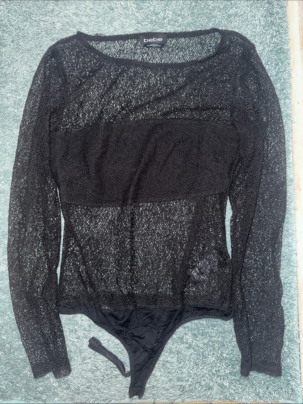 bebe Black Sheer Long-Sleeve Mesh Bodysuit Top